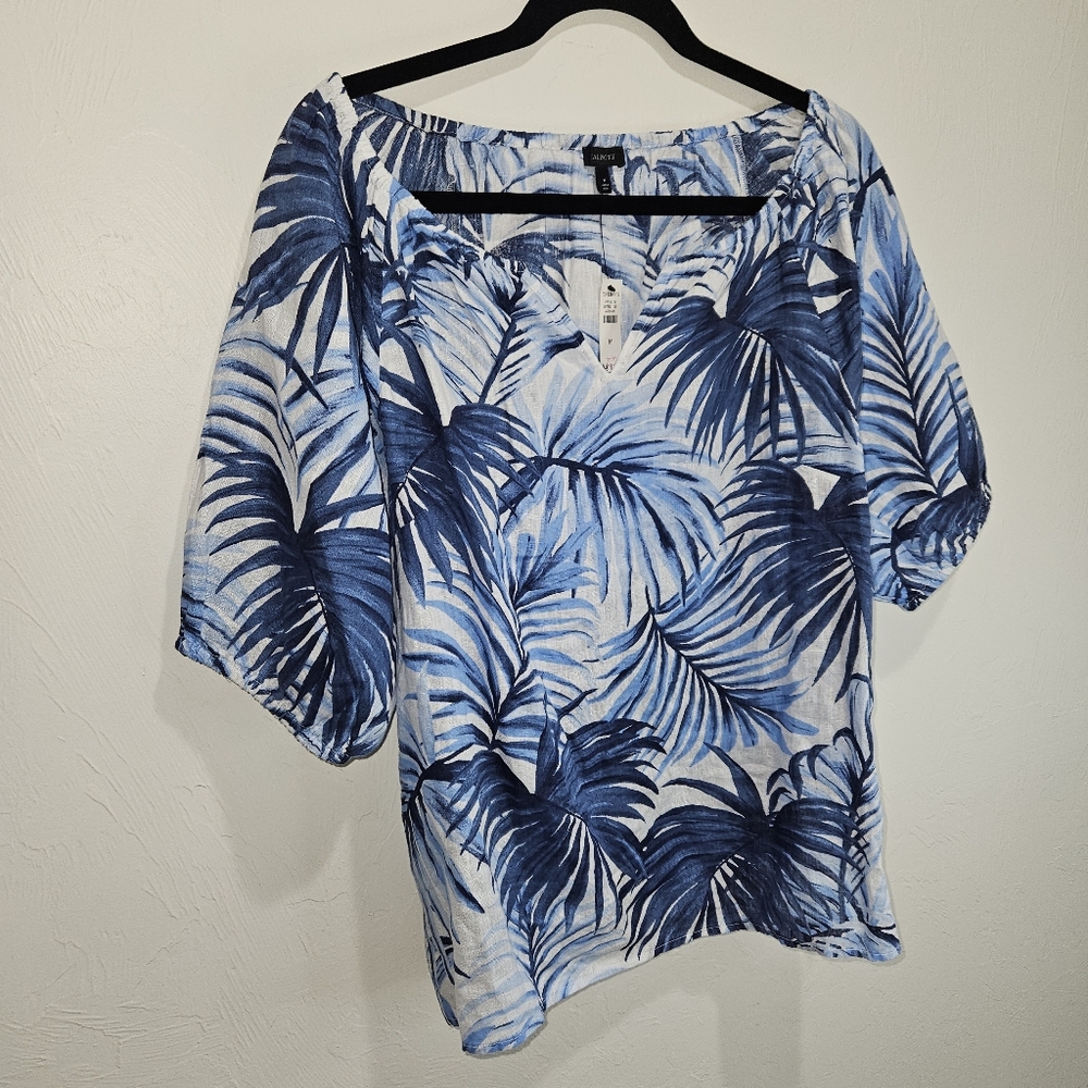 NWT! Talbots Linen Blouse Tropical Print Blue Womens Size Medium NEW - Picture 9 of 14